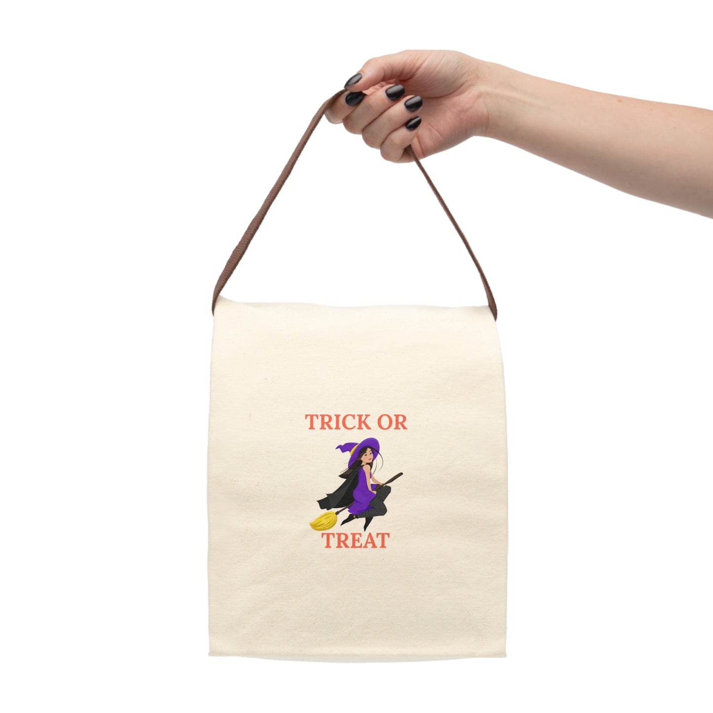 Halloween Tote Bag, Trick or Treat Canvas Lunch Bag - Spooky Candy Carry Bag, Flying Witch Theme - Gift for Kids and Adults