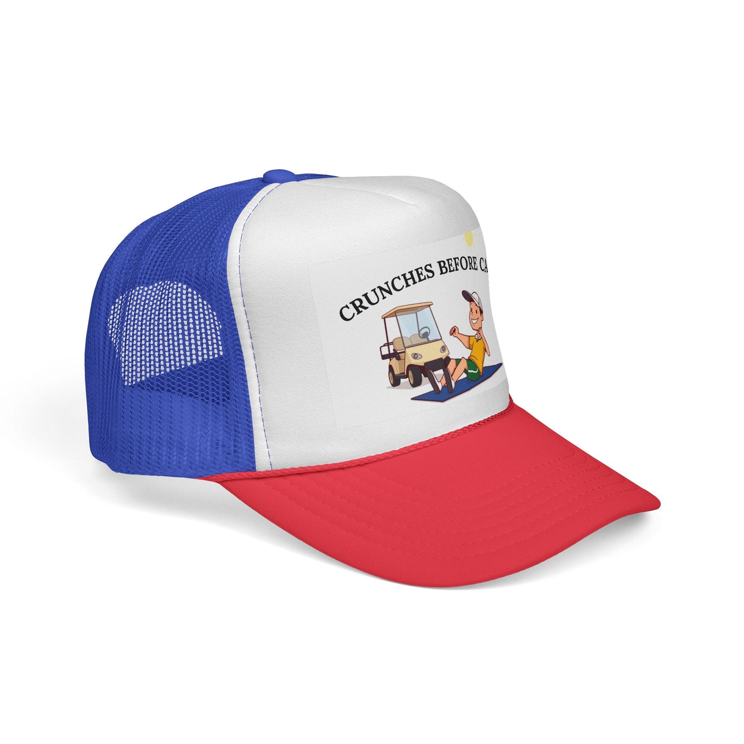 Fun Graphic Trucker Cap - Crunches Before Cart, Sporty Hat for Fitness Lovers, Golf Cap, Casual Outdoor Wear, Gift for Sports Enthusiasts
